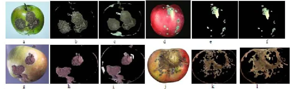 Fig. 4.1.2: a, d, g, j : Apple images with scab disease and b, e, h, k: Existing method’s  outputs and c, f, g, l, : Outputs of the proposed  method  