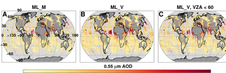 Figure 7. AOD at 0.55 µm, retrieved using MODIS-like algorithm on MODIS (a) and VIIRS (b), created from all orbits during 29 May 2013(see Fig