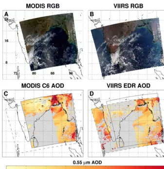 Figure 2. Overlap of MODIS and VIIRS centered on the Bay of Bengal, during a 5-minute period starting at 5 March 2013 at 07:35