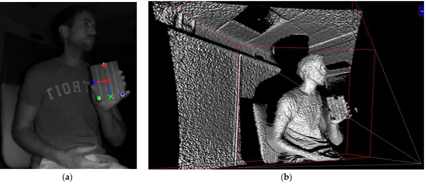 Figure 1. (a) Infrared image allows retro-reflective marker tracking due to pixel saturation (tracked markers highlighted by red, green and blue circles); (b) corresponding three-dimensional data