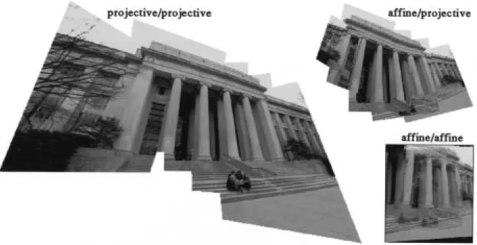 Fig. 8. Frames of Fig. 7 “cemented” together on single image “canvas,” with comparison of affine and projective models