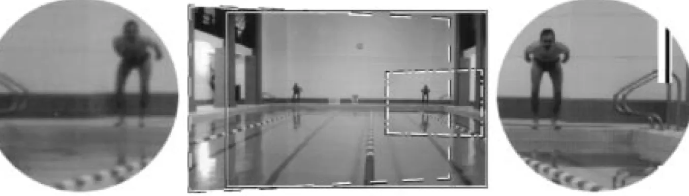 Fig. 1. Image composite made from three pictures (moving between two different locations) in a large room: One was taken looking straight ahead (outlined in a solid line), one was taken panning to the left (outlined in a dashed line), and the third was tak