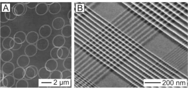 Figure 8. Two examples of edge lithography. A) SEM image of silicon rings that were fabricated on a silicon-on-insulator (SOI) wafer using near-field, phase-shift optical lithography, and then released from the  sur-face by etching with HF [126d])