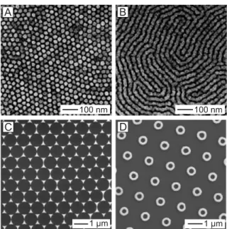 Figure 4. Examples of patterns that were fabricated using self-assembly methods. A,B) Scanning electron micrographs of two different types of patterns that were generated in silicon nitride by using phase-separated polystyrene±polybutadiene diblock copolym