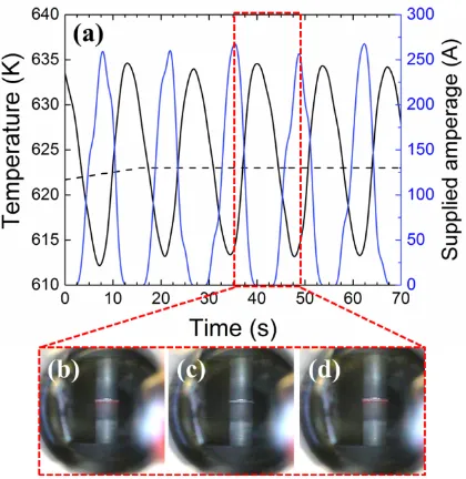 Figure 4. (a) SPS parameters of electric current (blue solid line), thermocouple temperature 