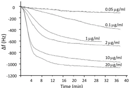 Figure 5. DNA-disulfide biosensor using the 50 MHz QCM oscillator circuit: frequency  changes during the circulation of different concentrations of DNA target A HEPES solutions