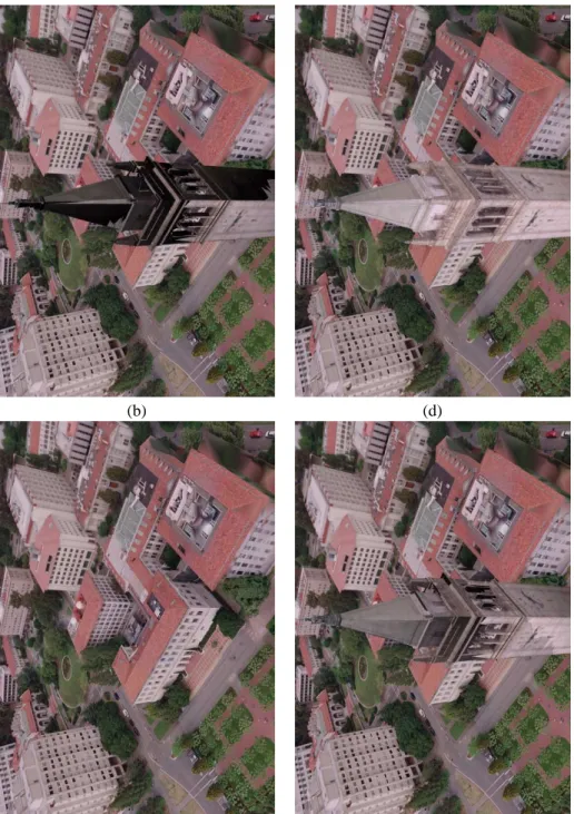 Fig. 8. The different view-dependent projective texture-mapping passes in producing a frame of the Berkeley campus virtual fly-by
