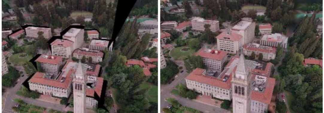 Fig. 4. The image on the left exhibits black regions which were invisible to all the original cameras but not to the current viewpoint