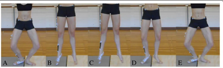 Fig. 4 Frontal view of a dancer performing a sauté in a slightly open first position. A sauté begins from a demi-plié position (a) the sautémovement is initiated by the simultaneous extension of the hips and knees and plantar flexion of the ankles