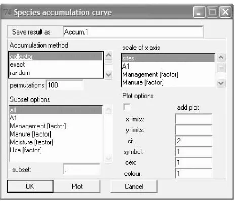 Figure 3.3.  The window interface for the calculation of species accumulation curves