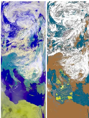 Figure 4. RGB composite and cloud mask in the traditional APOLLO quicklook style (Kriebel et al., 2003; see also text for color description)from AVHRR on NOAA-18 for 15 July 2008 in orbit projection.