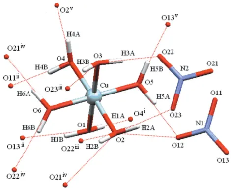 Figure 3A perspective view of the CuII complex, (II), showing the hydrogen-