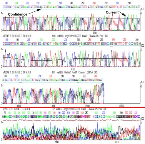 Figure 5.8. Relationship between overloading and basecalling success. Left panels show raw data representing various degrees of overloading