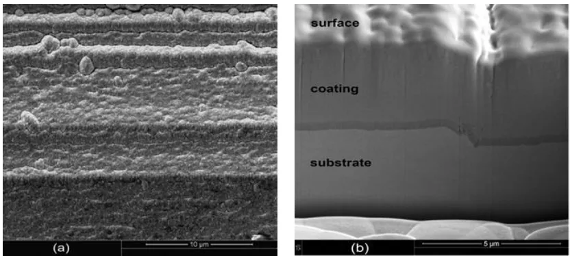 Figure 2: Scanning electron microscope images of CrN/NbN coating on P92 substrate:  
