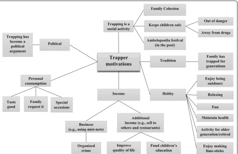 Fig. 2 Diagram summarising the range of potential motivations for trapping birds, as described by all stakeholder groups in the study