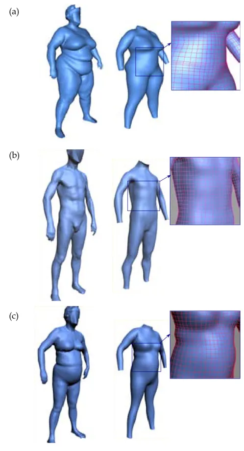 Figure 4-14. Three target scanned data (left column) and the template model after the  skeleton fitting (right column)