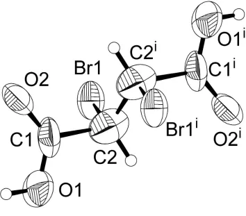 Figure 1The (R,S)-2,3-dibromosuccinic acid molecule. Displacement ellipsoids are drawn at the 50% probability level [symmetry 