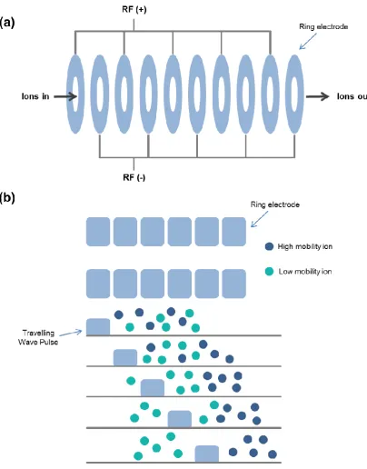Figure 1.9: Schematic of ion mobility separation via a stacked-ring ion guide. Schematic of the SRIG carrying opposite RF voltages on adjacent rings found in the TWIMS cell of the Synapt G2 HDMS shown in (a)