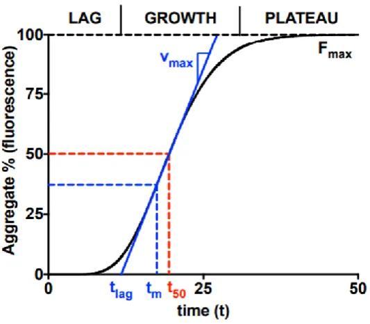 Figure 2.4: Illustration of lag time calculation from ThT data. An increase in aggregates over time results in a characteristic sigmoidal curve for amyloid fibril formation