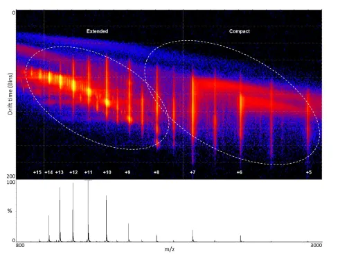 Figure 2.8: Drift scope plot and corresponding ESI-MS spectra of unmodified, WT alpha-synuclein