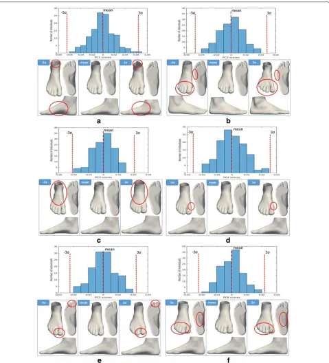 Fig. 3 Histograms and views of the first six PCs of the 3D foot shape in a healthy population