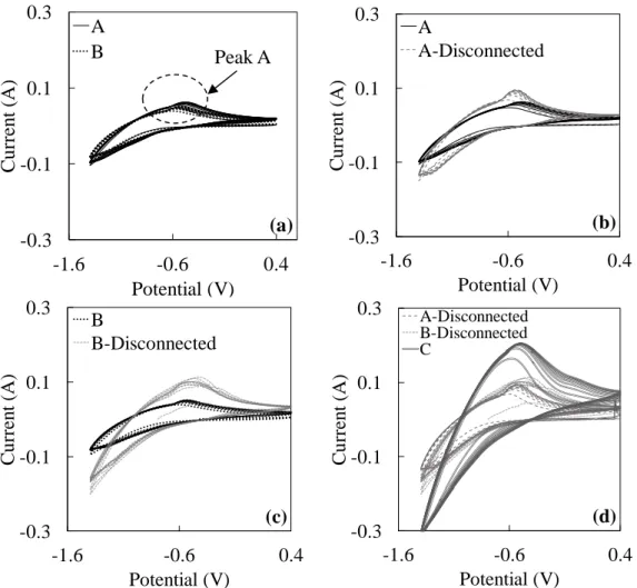 Figure 4-10. CV data from 21 st  day of adding salt in pore solution from different steel specimens (a) Steel A  and Steel B in individual cells (b) Steel A in individual cell and disconcerted Steel A in a coupled cell (c) 
