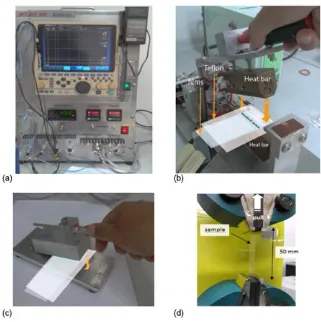FIG. 1―Heat seal equipment and tensile testing: heat sealing machine MTMS device, control unit (a) manual heating press (b) cooling press (c) and sample griping on universal testing machines (d)