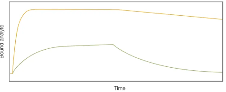 Fig. 1. Kinetics of analyte binding. Upper trace, a high-affinity interaction  characterized by a high k a  (fast association) and a low k d  (slow dissociation); lower  trace, a low-affinity interaction characterized by both a low k a  and a high k d .