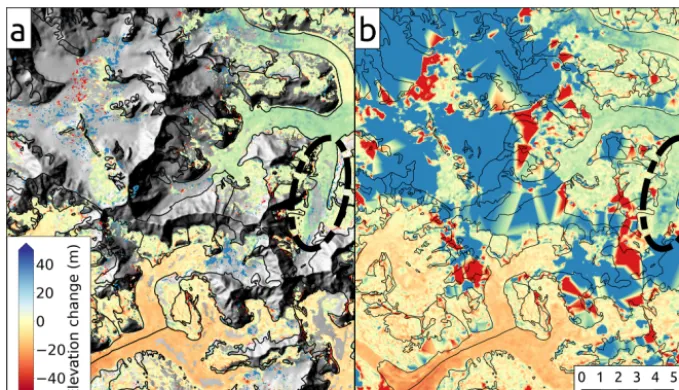 Figure 13. Elevation changes over the upper portion of Johns Hopkins Glacier, estimated by differencing an ASTER DEM acquired on13 August 2015 and the SRTM (a) with correlation-masked values left as no data; (b) with voids ﬁlled using linear interpolation