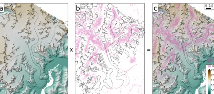 Figure 2. Example of masking procedure over Taku Glacier, with RGI outlines shown in black