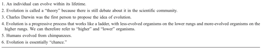 Table 1 True/False questions used to identify student misconceptions about evolution