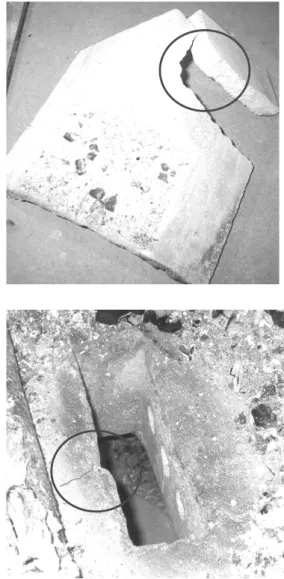 Fig. 1. Examples of castable products destruction in boiler (size  (40 × 20 × 5) cm and (60 × 40 × 10) cm) 