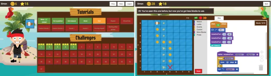 Figure 1: Level select (left) and a challenge level that uses custom blocks (right) 