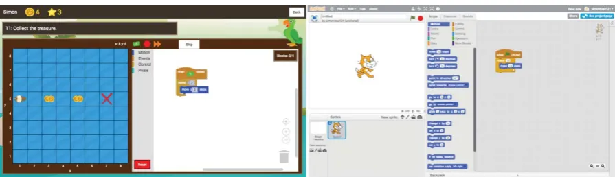 Figure 2: Pirate Plunder (left) and Scratch 2.0 (right) user interfaces 