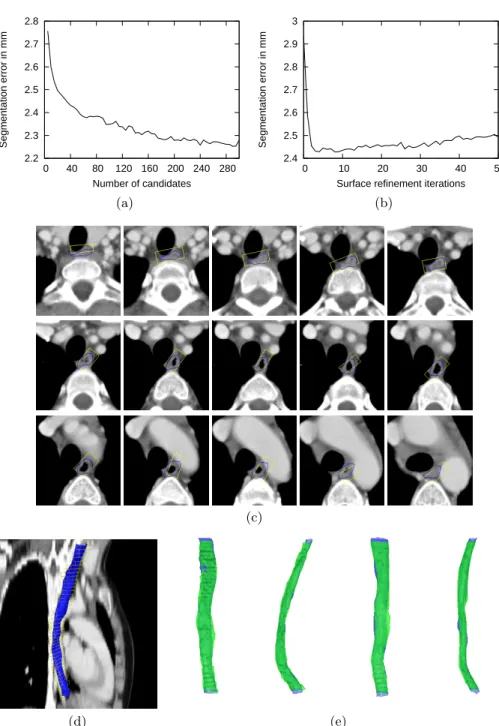 Fig. 3. (a-b): Segmentation error as a function of the number N of model candidates and the number of surface refinement iterations