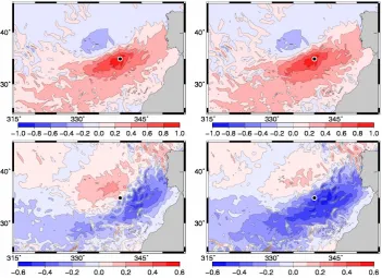 Fig. 8. Phytoplankton (top panels) and nitrate (bottom panels) horizontal correlation structure with respect to phytoplankton at 20◦ W 35◦ N(North Atlantic), without anamorphosis (left panels), and after local anamorphosis transformations (right panels).