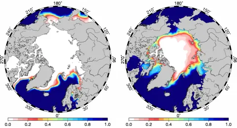 Fig. 11. Probability that the ocean is free of ice [p(f = 0)], as computed from the non-stochastic ensemble for 15 March (left panel) and11 September (right panel).