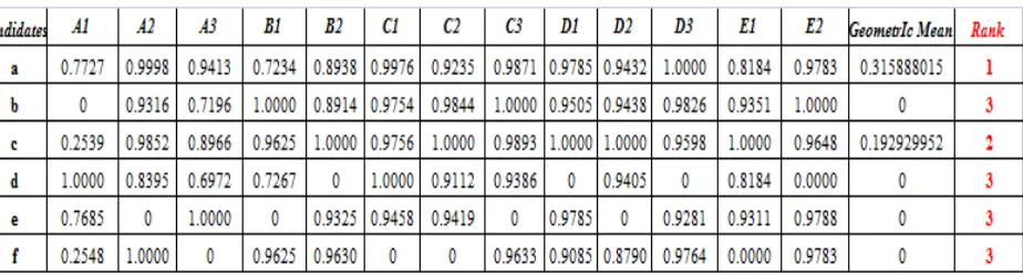Table VIII.    Ranking of candidates in Co-operative Game Theory method 