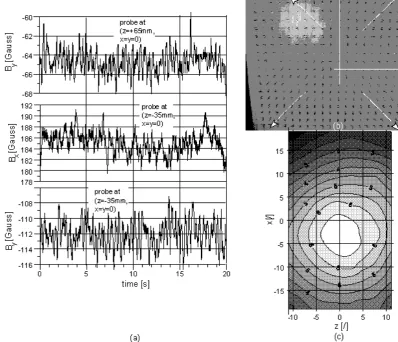 Fig. 3. (a) Simultaneously recorded time series of different Hall-probes and different magnetic ﬁeld directions for the volumetric ﬂow ratesVCentral = 134 m3/h, VHelical = 101 m3/h