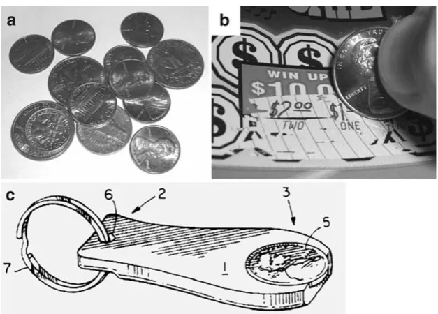 Fig. 2 A simple example of exaptation and secondary adaptation.coin co-opted into a new exaptive role as an instant lottery ticket scraper.Coins would always have been capable of scraping tickets, but thisfunction did not become apparent until an environme