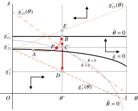 Figure 3: Phase diagram in (θ, g) space: from RUO to SU O 0g=θ=0g θ ˆ 0 1R=ˆ 0R>Rˆ 0<13( )g−θθ+g3+23( )g−θBACD•g23−3( )g+θP•g12−••E••