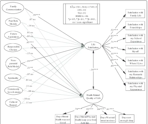 Figure 1 Final Model of the Developmental Assets’ Relationship with Life Satisfaction and HRQOL
