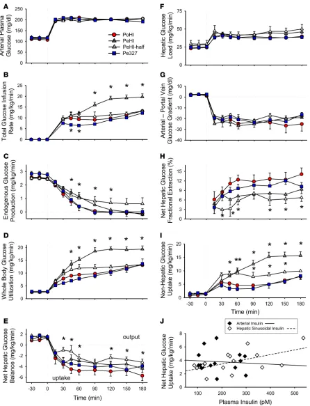 Figure 4. Glucose parameters. (tal vein insulin (PoHI), peripheral vein insulin (PeHI), peripheral vein insulin half dose (PeHI-half), and peripheral vein insulin-327 (Pe327) infusion groups (mean ± SEM; time point in versus arterial and hepatic sinusoidal
