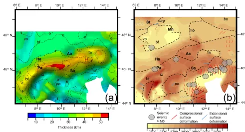 Figure 8. (a) Thickness of the crust across the modelled area overlaid with vertical displacement rates (Sternai et al., 2019)