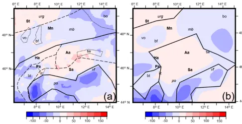 Figure 9. (a) Residual gravity (observed gravity–calculated gravity) of a test model with lower-crust densities for the Europe and north Adriadomains set to values indicated directly from P wave velocities using conversion suggested by Brocher (2005)