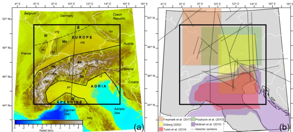 Figure 1. (a) Topography and bathymetry from Etopo 1 (Amante and Eakins, 2009) shown across the Alpine region with the key tectonicfeatures overlaid