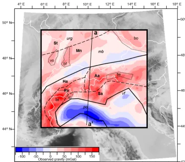 Figure 2. Observed gravity of the region. Values calculated from a spherical approximation at 6 km above datum of EIGEN-6C4 globalgravity model (Förste et al., 2014) using the ICGEM calculation service (Ince et al., 2019)