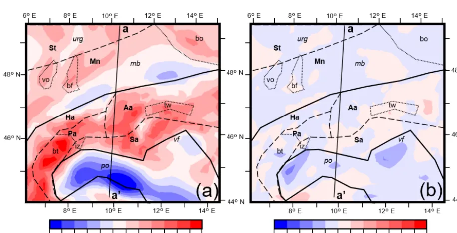 Figure 5. (a) Depth to the Moho across the modelled area. Density domains required during modelling within the lithospheric mantle areoverlaid in white; domain numbers are shown in white and correspond to Table 1