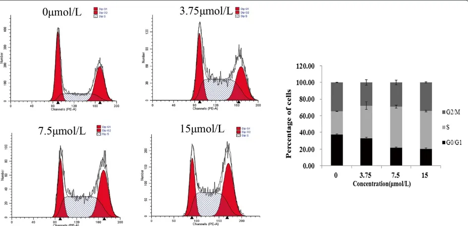 Figure 2 Curcumin induces S-phase arrest in GBC-SD cells. Cells were treated with , 3.75, 7.5 and 15 μmol/L curcumin for 48 h and the DNAcontent was analyzed by flow cytometry