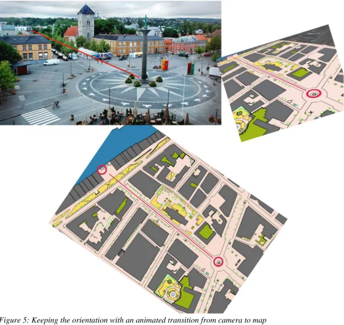 Figure 5: Keeping the orientation with an animated transition from camera to map 